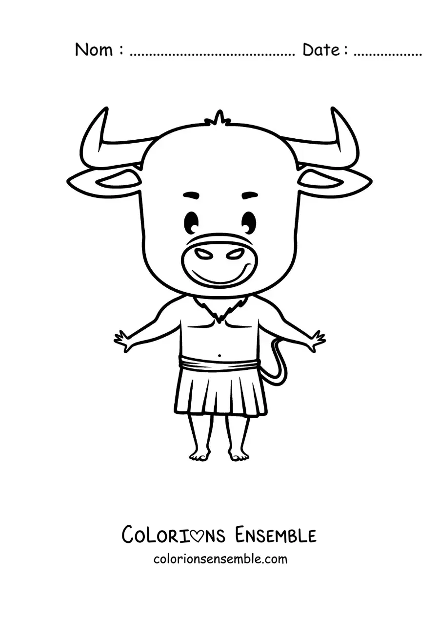 Image à colorier d'un Minotaure en version animée kawaii