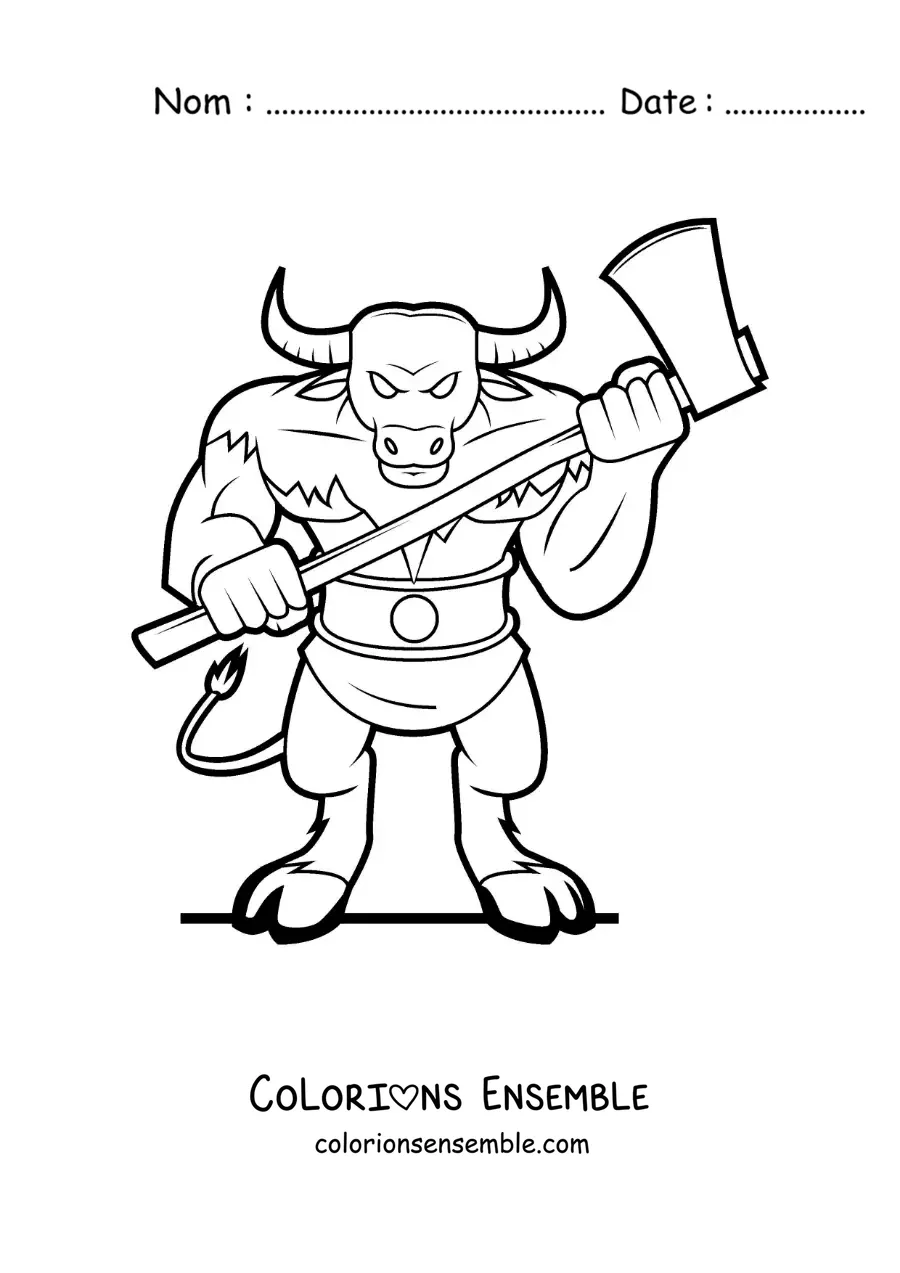 Image à colorier du Minotaure du labyrinthe avec une arme