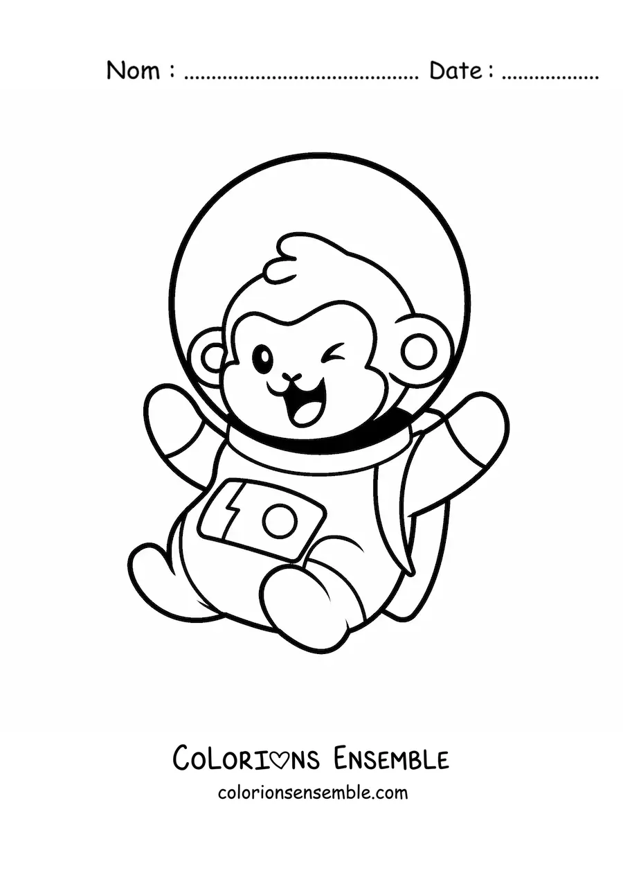 Image à colorier d’un singe astronaute en dessin animé qui fait un clin d’œil