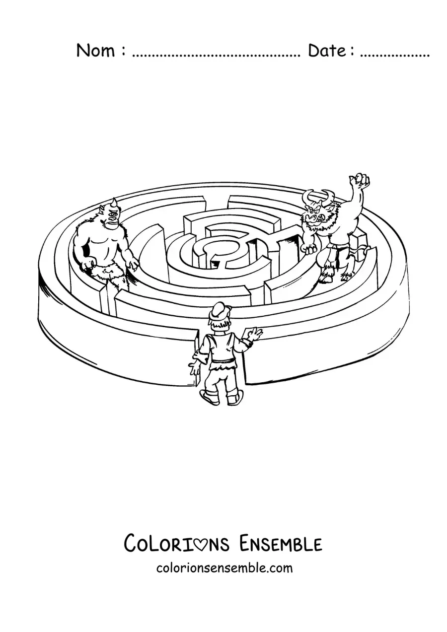 Image à colorier du Minotaure en version animée, dans le labyrinthe