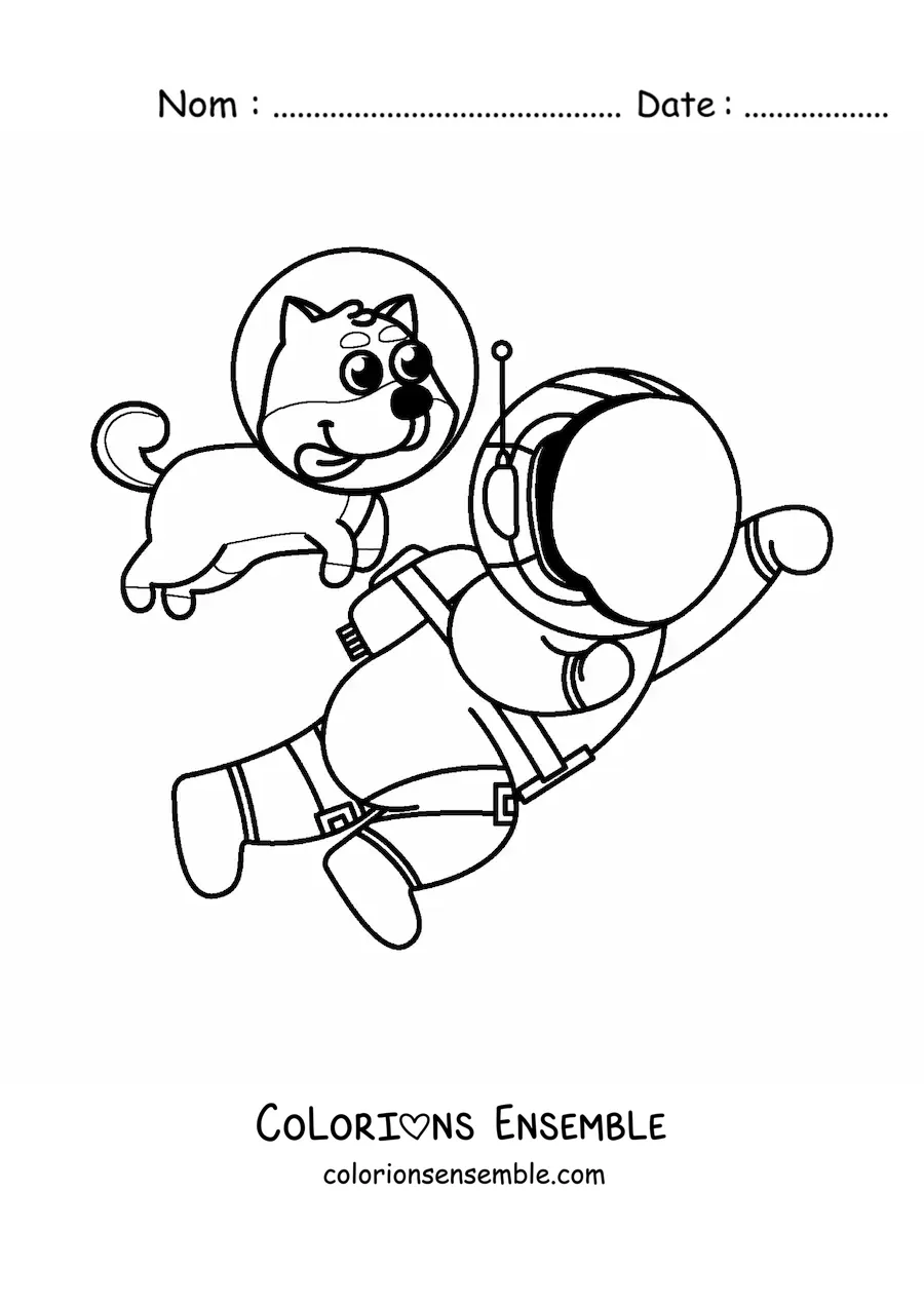 Image à colorier d’un chien avec un casque spatial à côté d’un astronaute en dessin animé