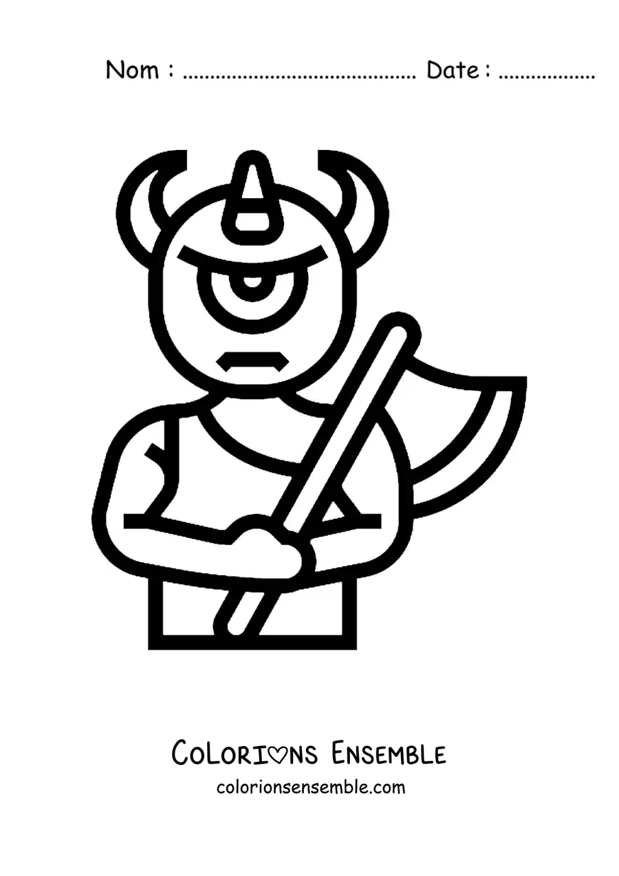 Image à colorier d'un cyclope de la mythologie en version animée, avec une hache