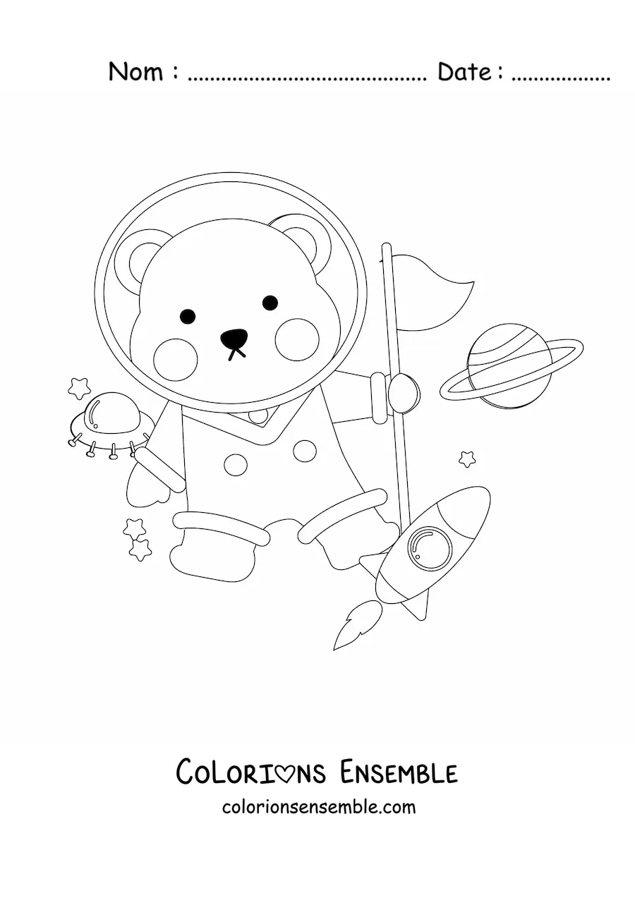 Image à colorier d’un ours astronaute en dessin animé dans l’espace