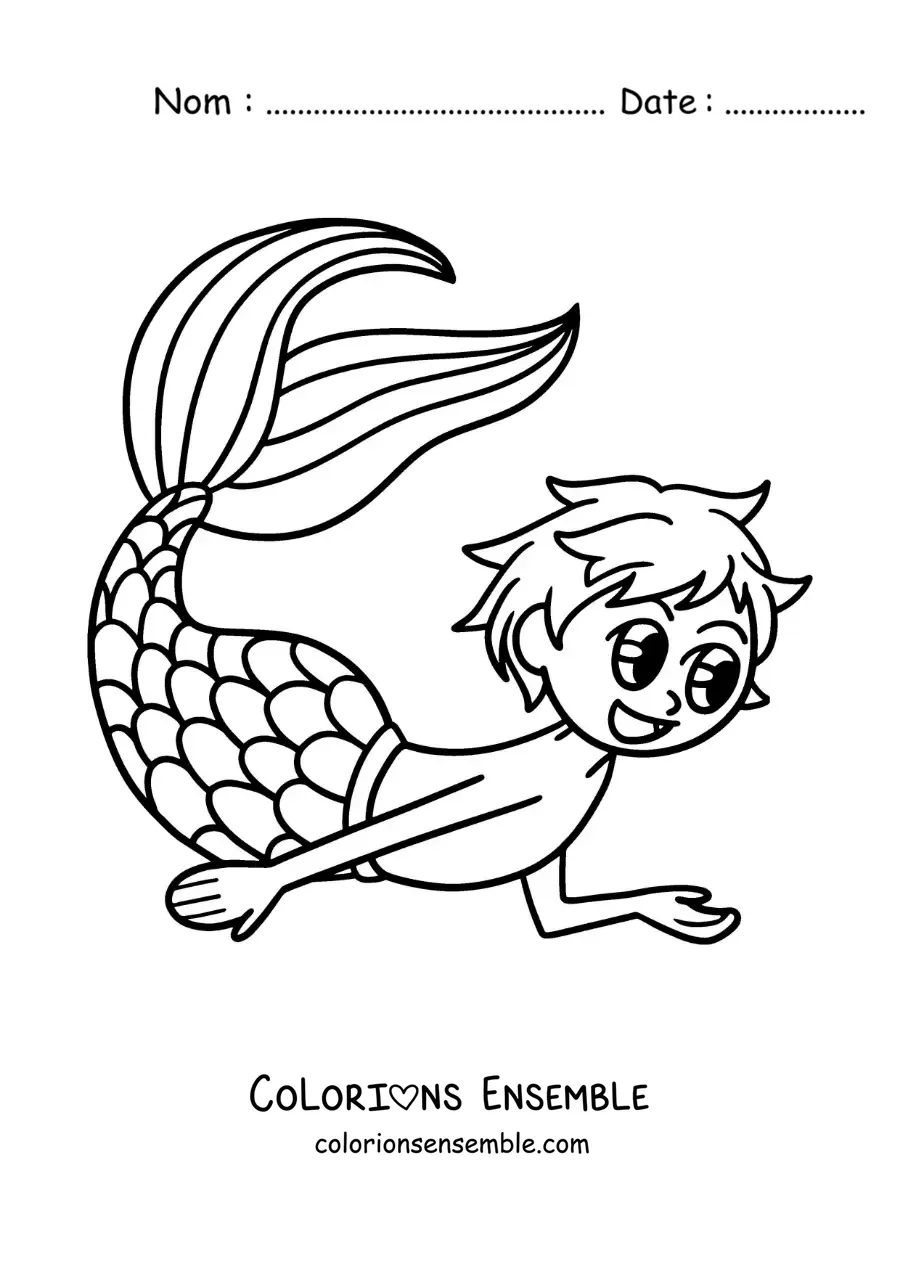 Image à colorier d'un triton kawaii et mignon en train de nager