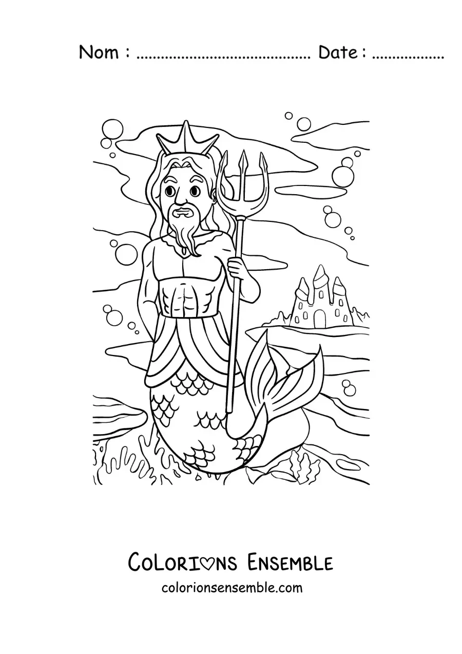 Image à colorier du roi Triton dans la mer