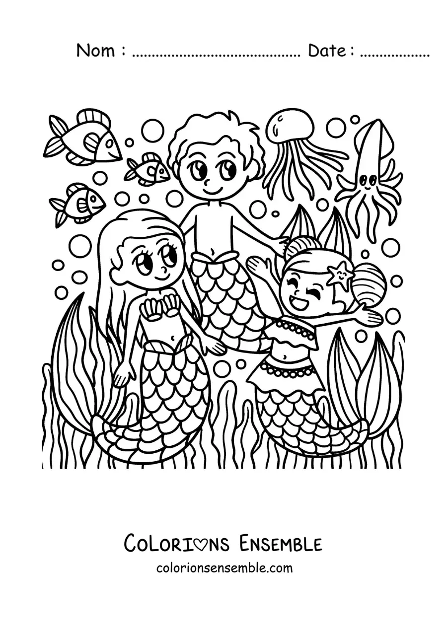 Image à colorier de deux sirènes et d'un triton dans la mer