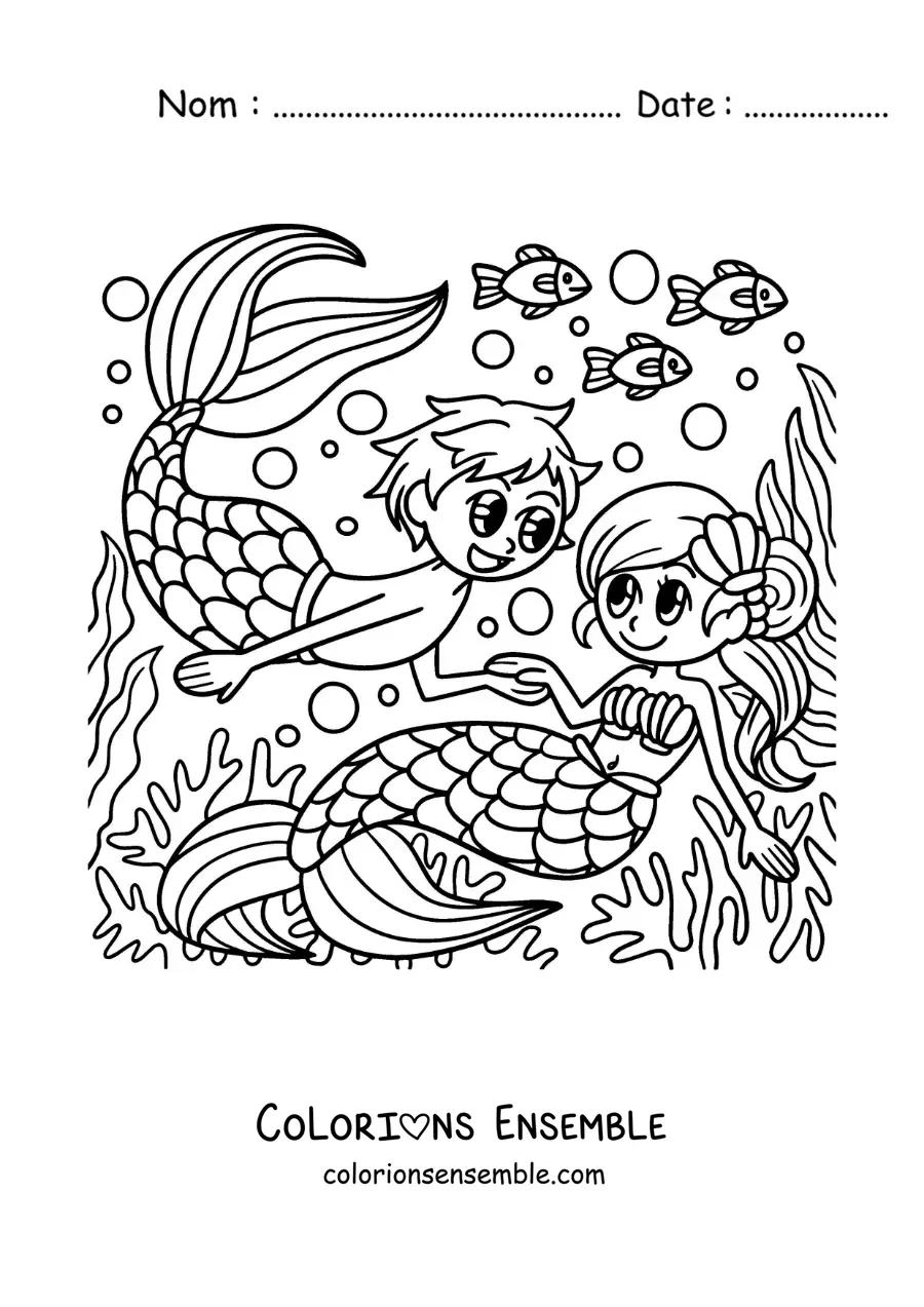 Image à colorier d’un couple formé d’un triton et d’une sirène