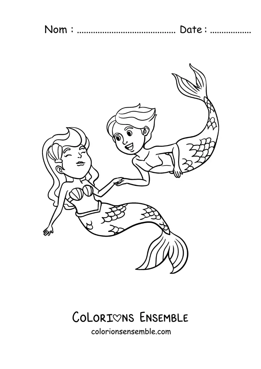 Image à colorier d’une sirène et d’un triton