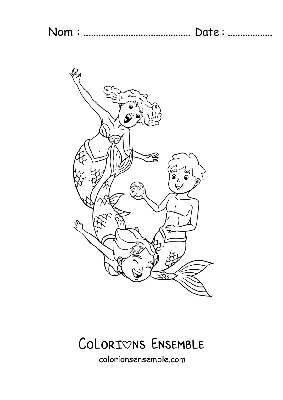 Image à colorier de deux sirènes et d’un triton en train de jouer