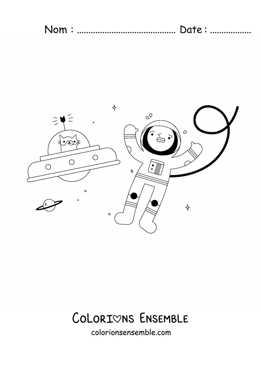 Image à colorier d’un astronaute et d’un chat de l’espace en dessin animé