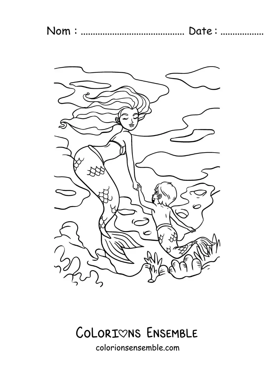Image à colorier d’un couple formé d’un triton et d’une sirène qui nagent dans la mer