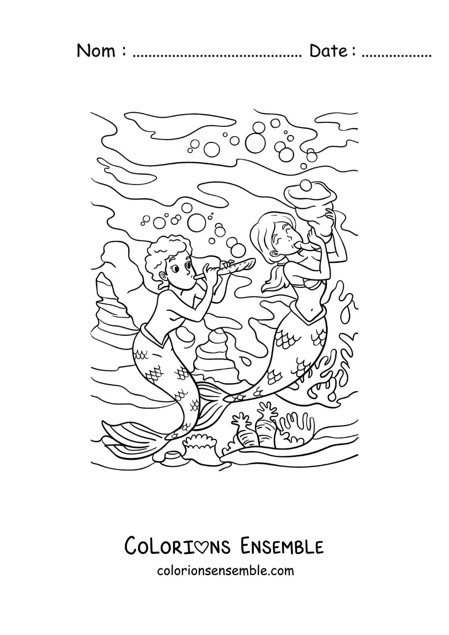 Image à colorier d’un triton et d’une sirène qui jouent de la musique dans la mer