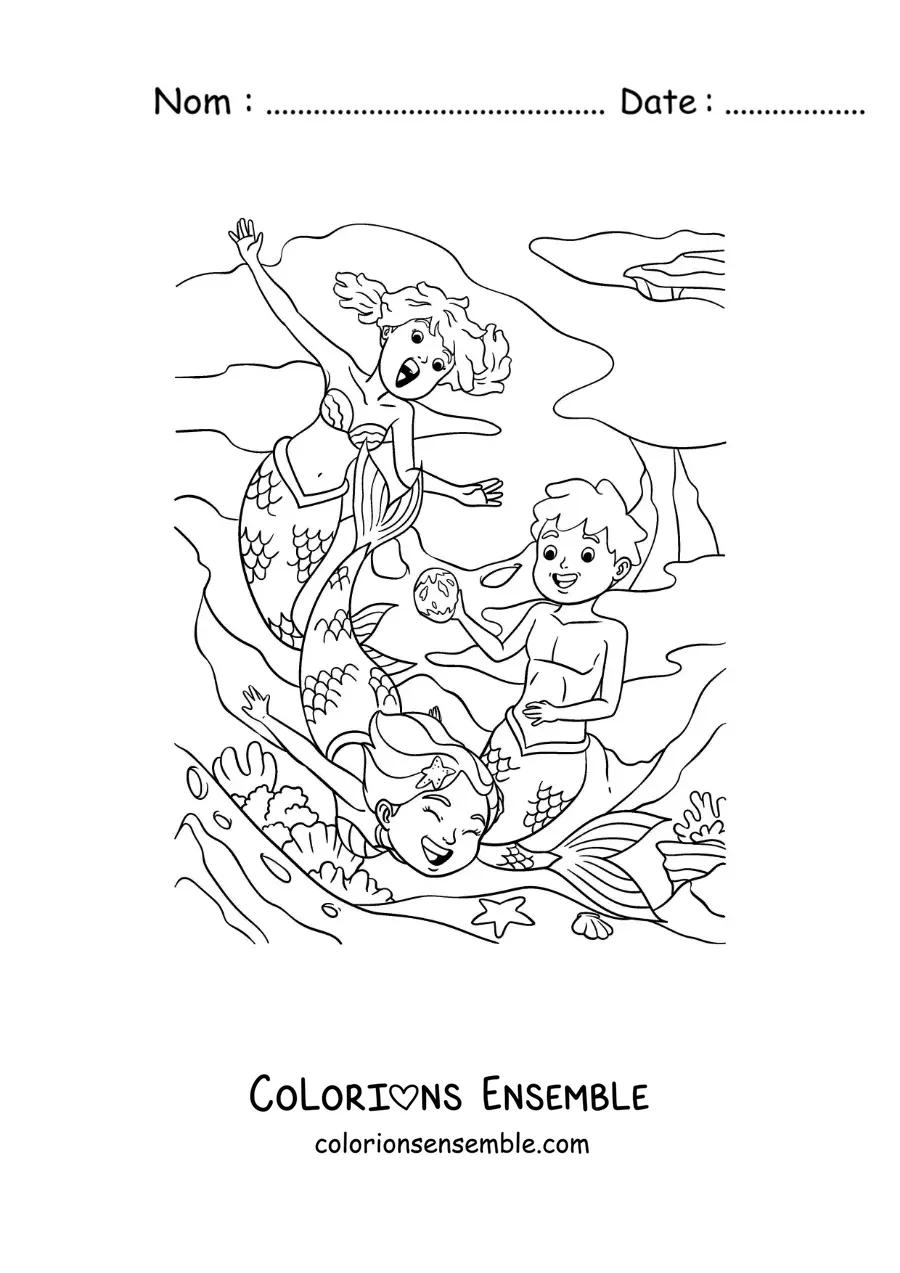 Image à colorier de deux sirènes et d’un triton en train de jouer dans la mer