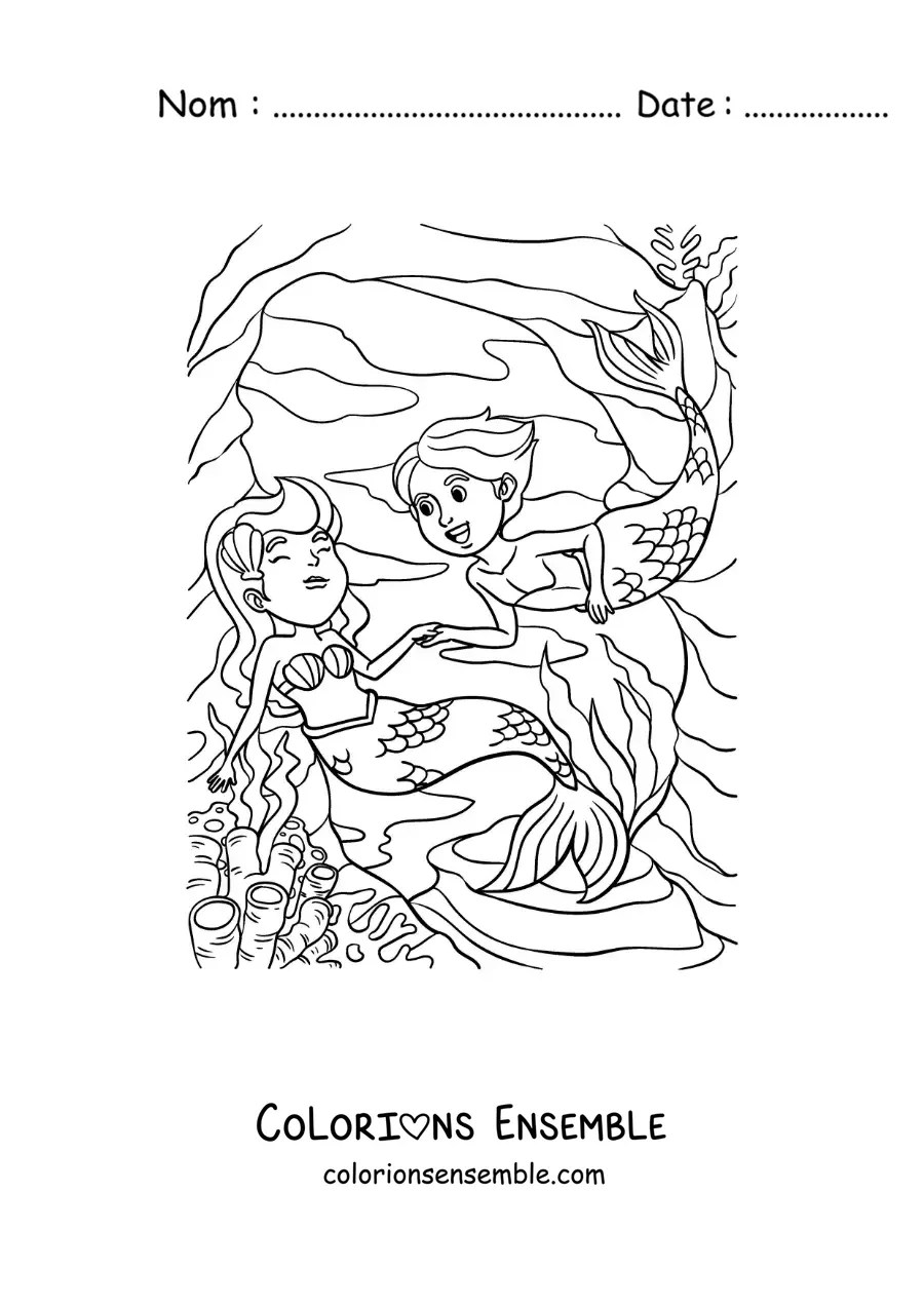 Image à colorier d’une sirène et d’un triton dans la mer