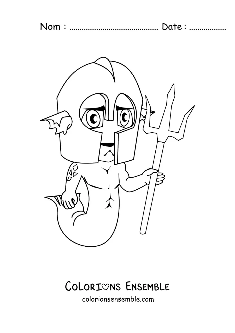 Image à colorier d’un triton de dessin animé portant un casque