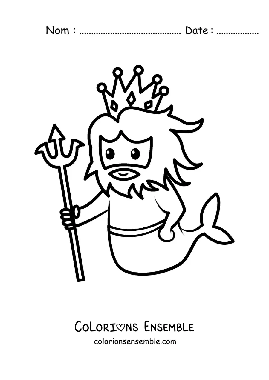 Image à colorier du dieu Triton de la mythologie grecque, en style kawaii tout mignon