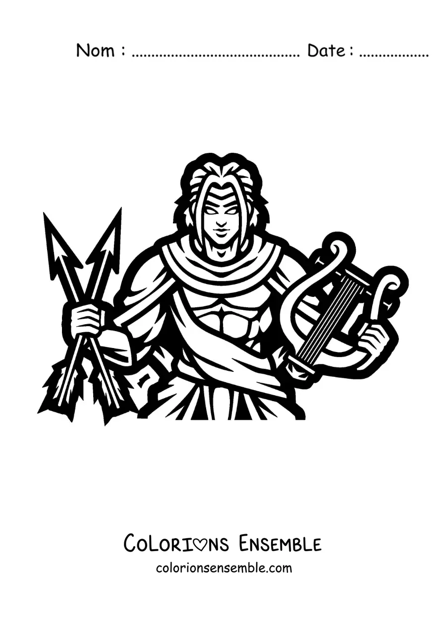 Image à colorier d’Apollon avec sa lyre et ses flèches