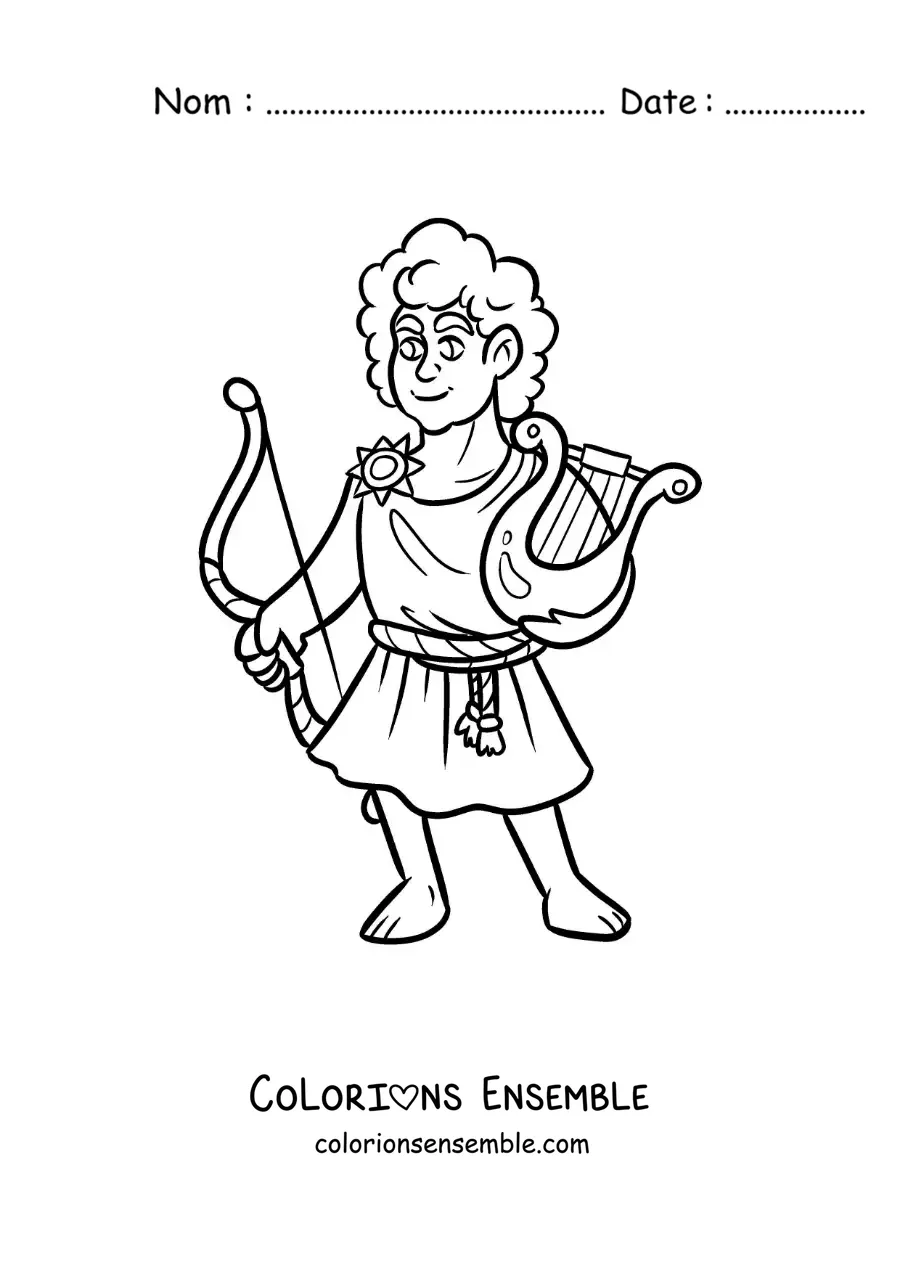 Image à colorier du dieu grec Apollon en version dessin animé, avec sa lyre et son arc