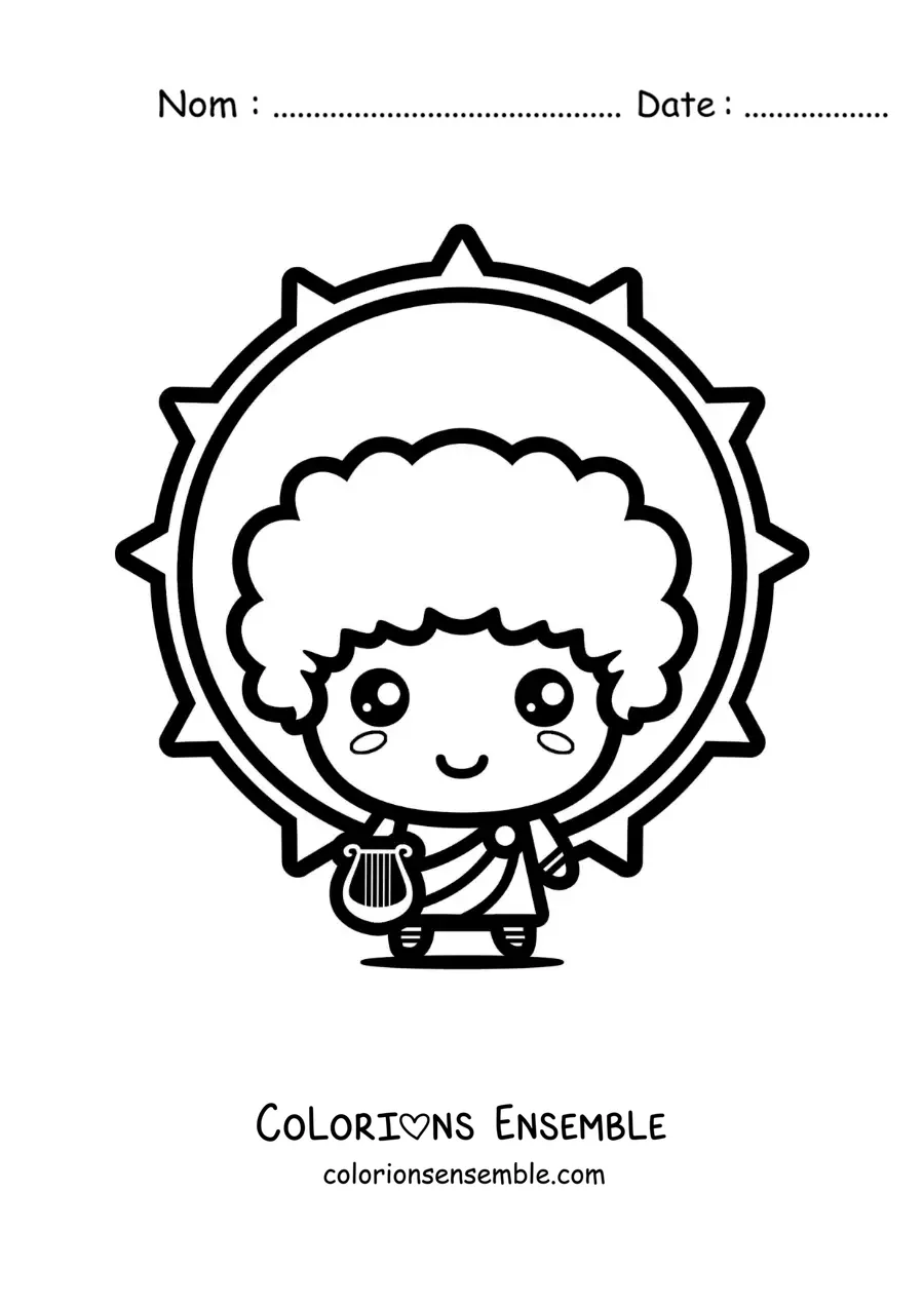 Image à colorier du dieu Apollon et du Soleil, en version dessin animé kawaii