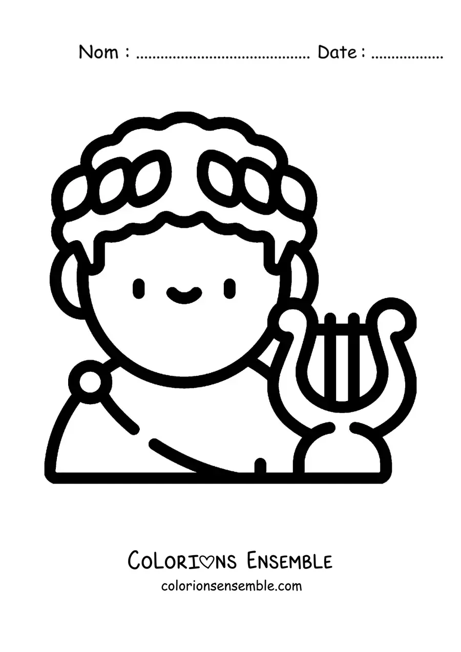 Image à colorier d’Apollon, le dieu grec, en version dessin animé, avec une lyre