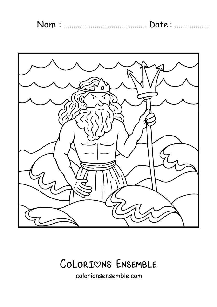 Image à colorier du dieu Poséidon dans la mer, en version dessin animé