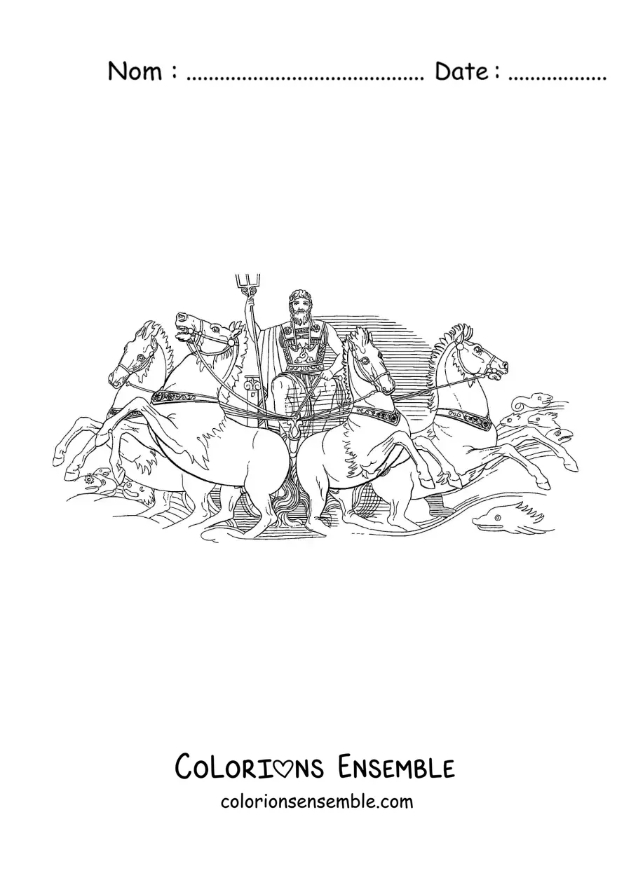 Image à colorier du dieu Poséidon avec son trident et ses chevaux