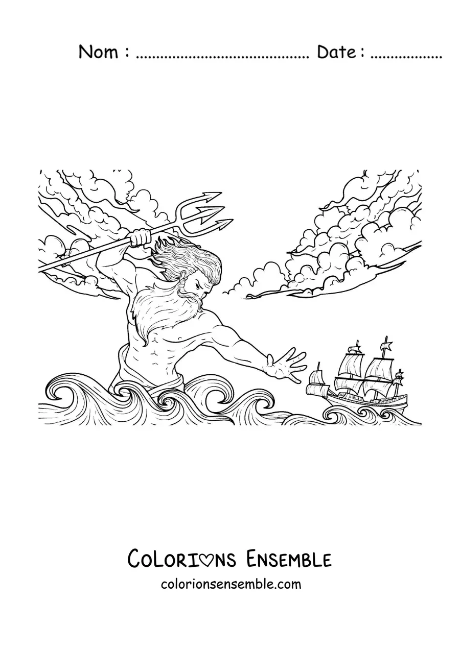Image à colorier de Poséidon déchaînant la mer pour faire chavirer le bateau d’Ulysse