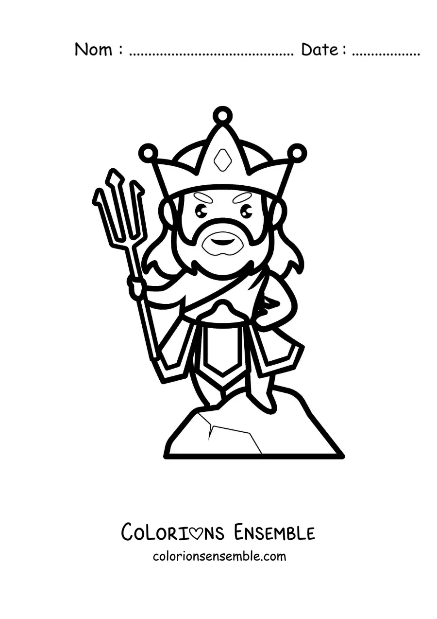 Image à colorier de Poséidon, le dieu de la mer, en version kawaii tout mignon