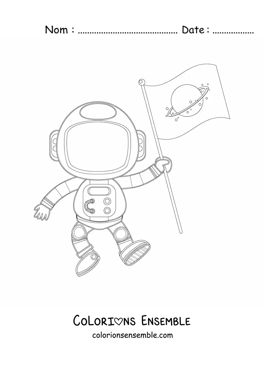 Image à colorier d’un astronaute en dessin animé tenant un drapeau