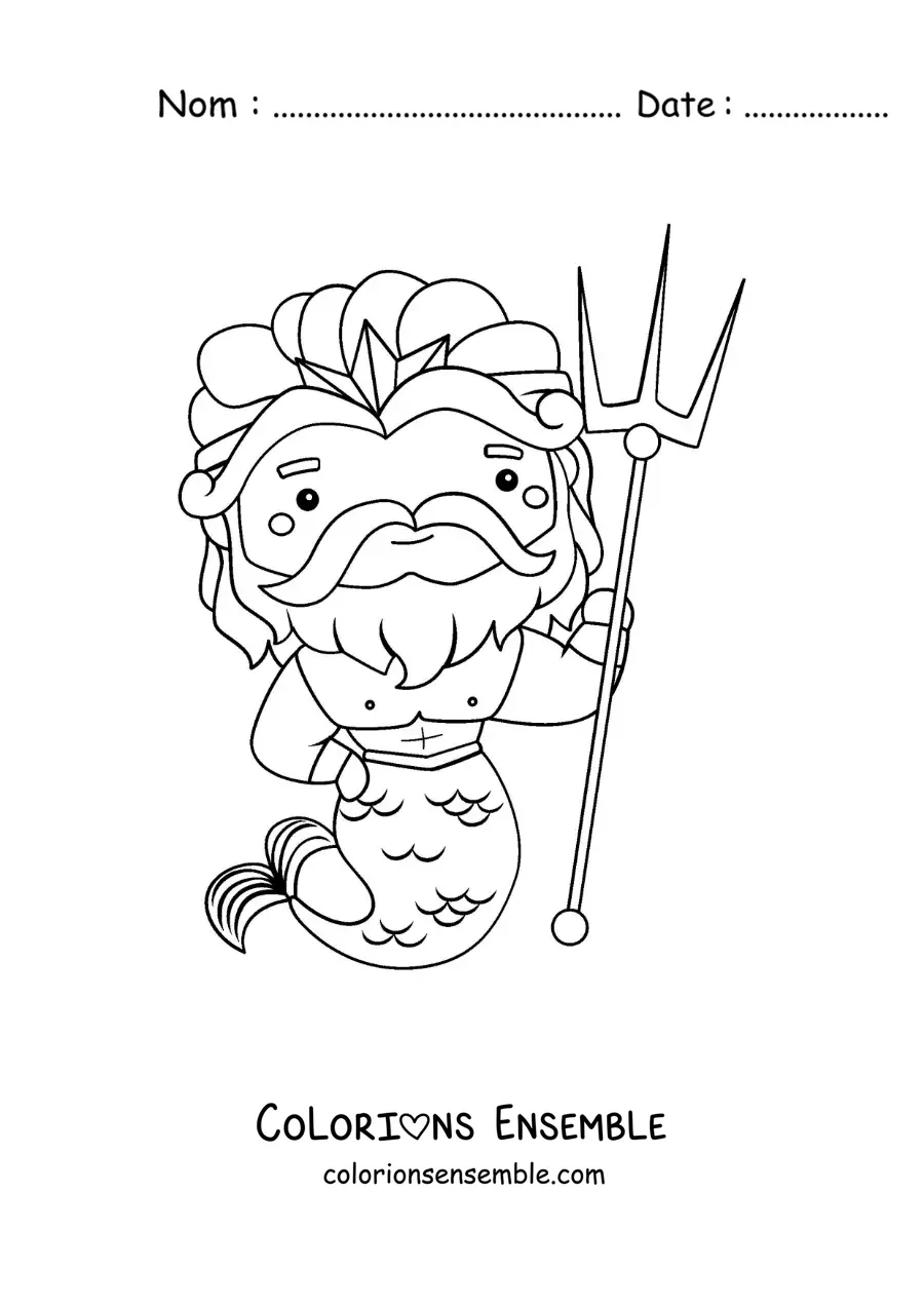 Image à colorier de Poséidon en version dessin animé kawaii, avec un trident