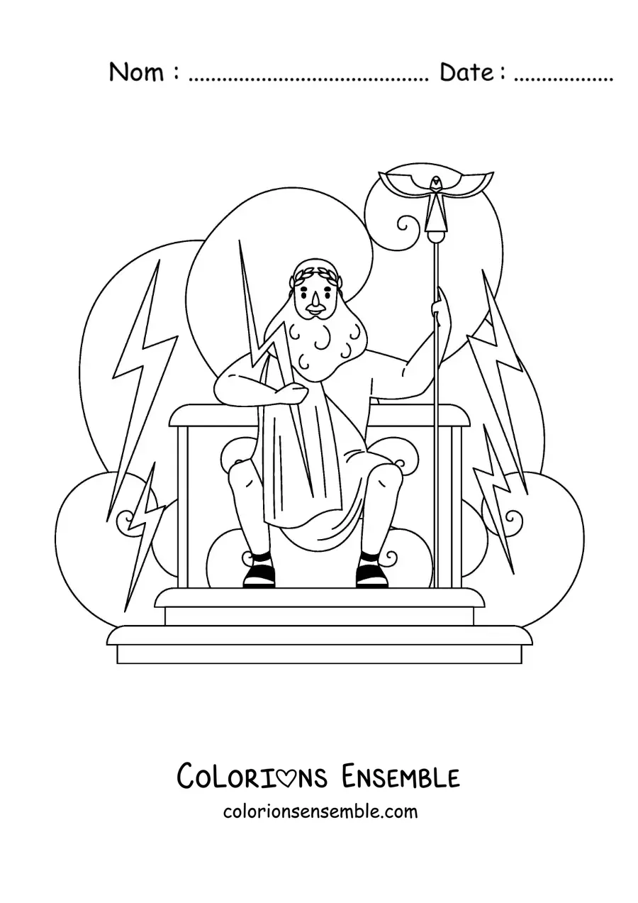 Image à colorier de Zeus sur son trône, sur l’Olympe