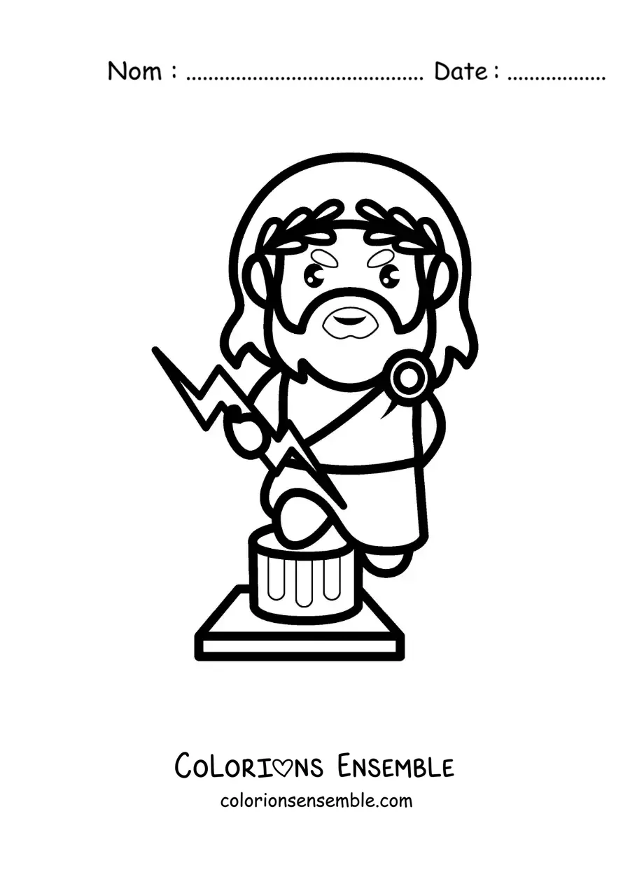 Image à colorier du dieu Zeus en version kawaii dessin animé, avec un éclair