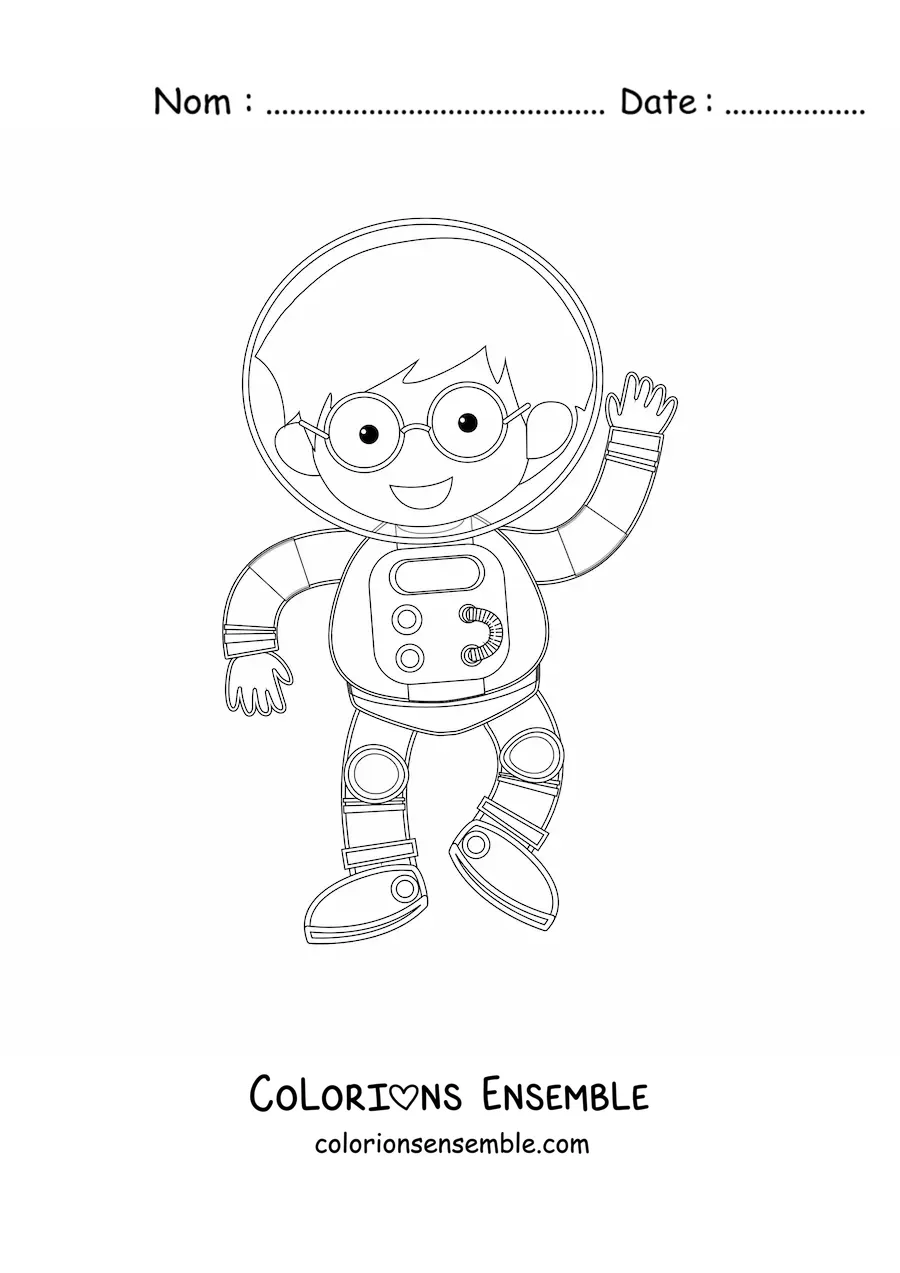 Image à colorier d’un petit garçon astronaute qui salue