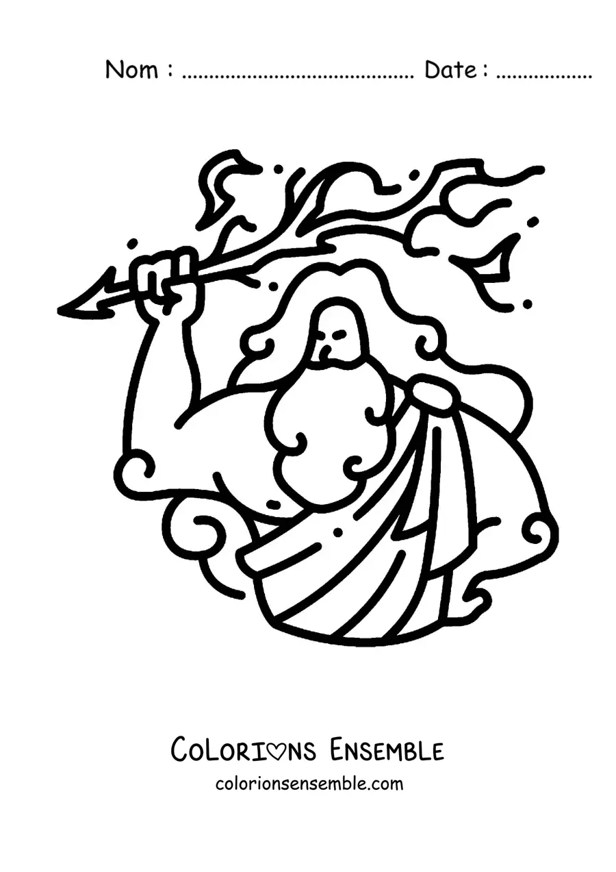Image à colorier du dieu grec Zeus, en version dessin animé, en train de lancer un éclair