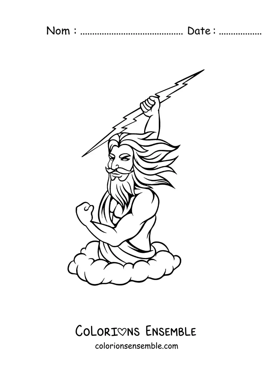 Image à colorier du dieu grec Zeus en train de lancer un éclair dans le ciel