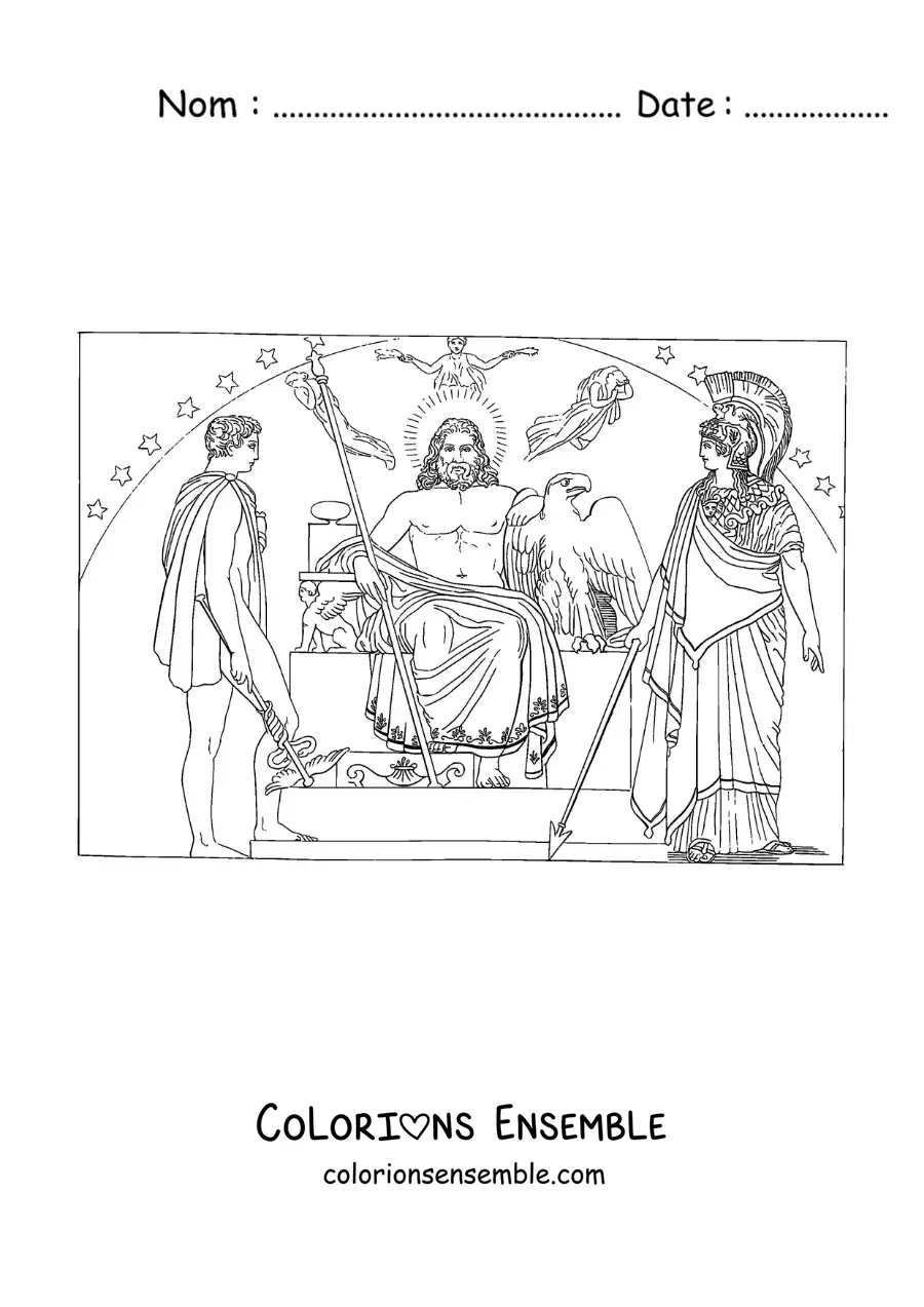 Image à colorier de Zeus avec Athéna et Hermès sur son trône, sur l’Olympe