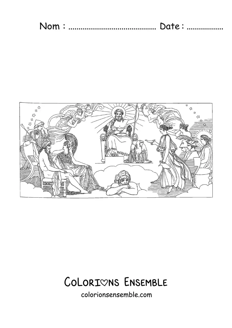 Image à colorier de Zeus et des dieux grecs sur l’Olympe