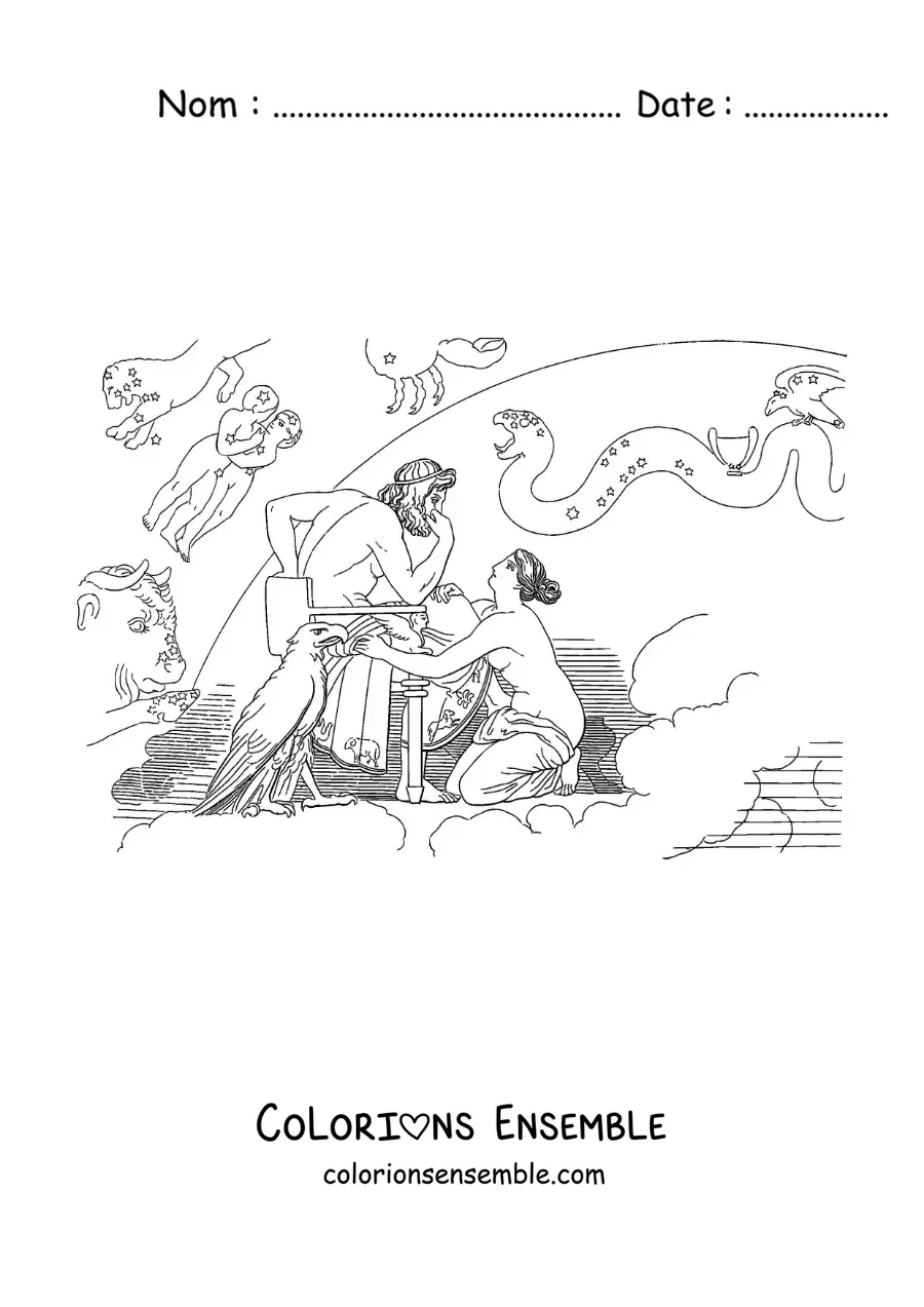 Image à colorier de Thétis et de Zeus sur son trône
