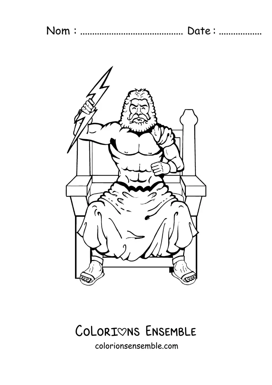 Image à colorier du dieu Zeus en train de lancer un éclair sur son trône