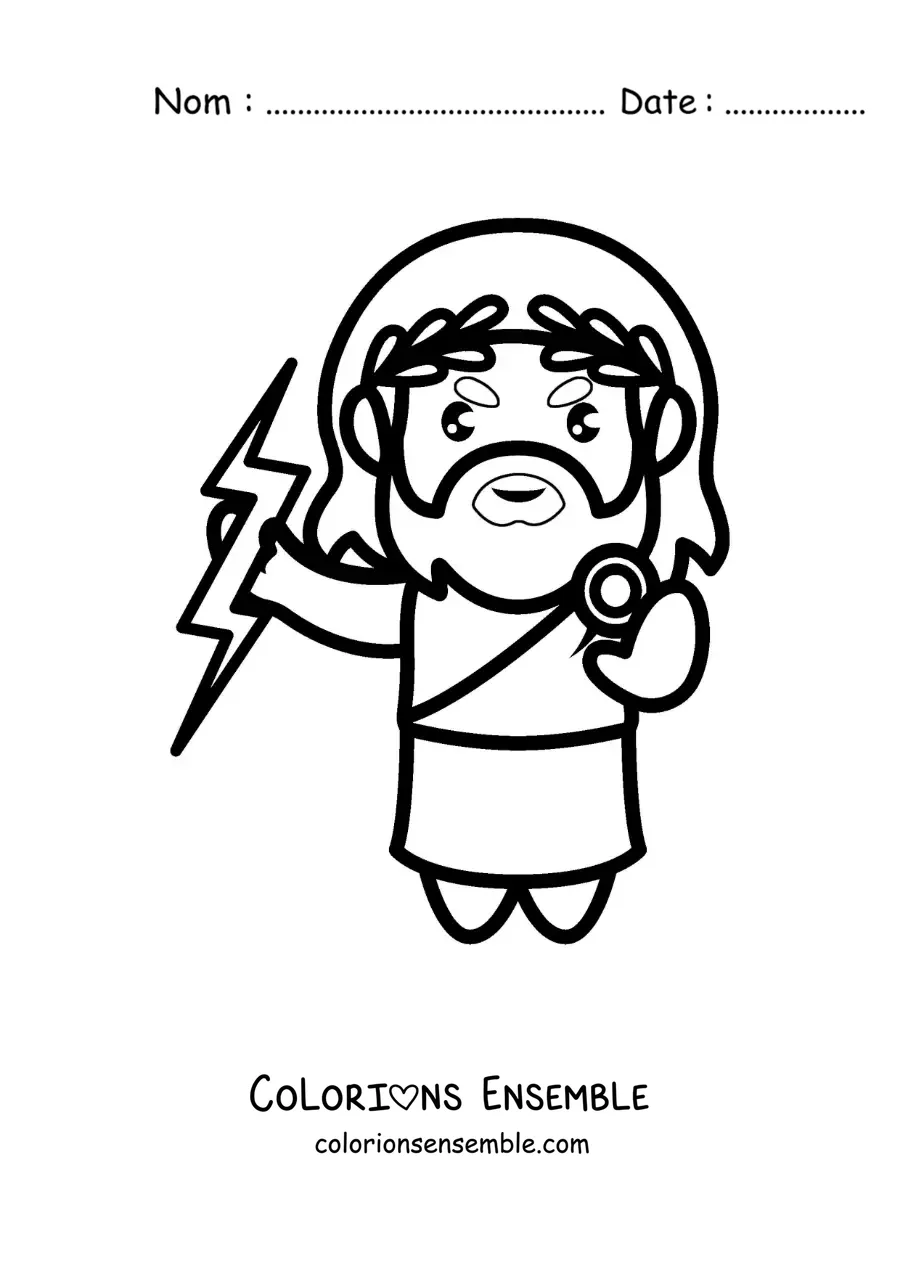 Image à colorier du dieu de la mythologie grecque Zeus, en version kawaii tout mignon, avec un éclair