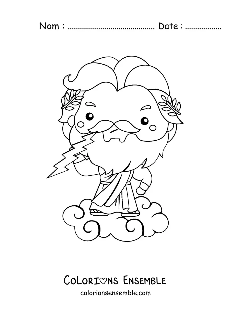 Image à colorier de Zeus en version dessin animé kawaii, en train de lancer un éclair depuis un nuage