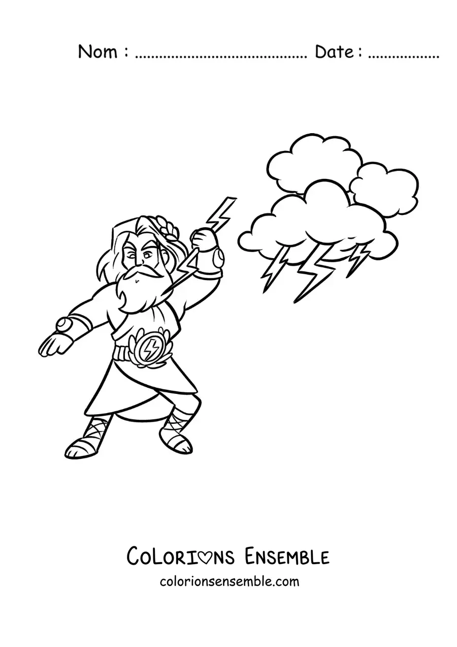 Image à colorier de Zeus, le dieu grec, en version dessin animé, en train de lancer des éclairs