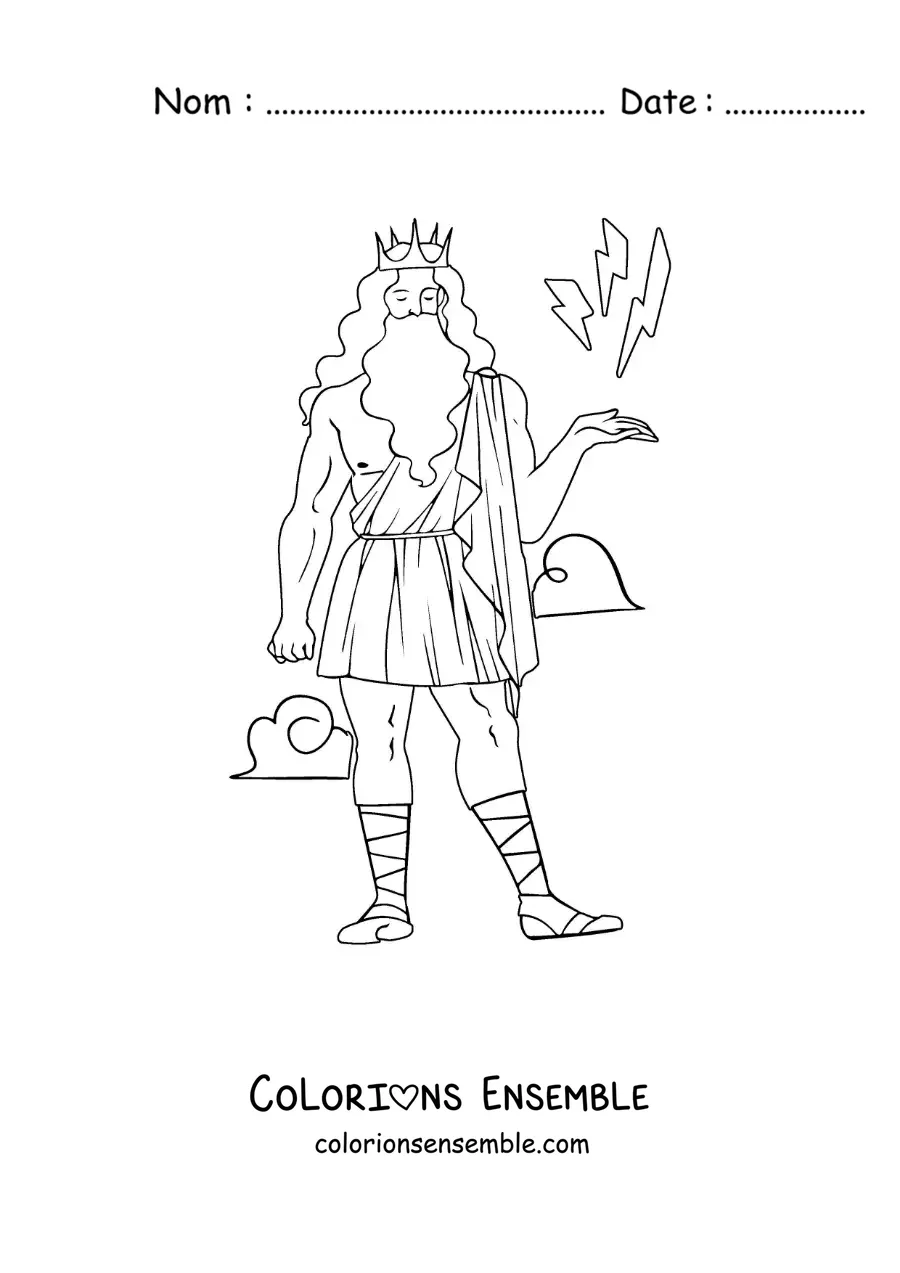 Image à colorier de Zeus en version dessin animé, en train de commander les éclairs