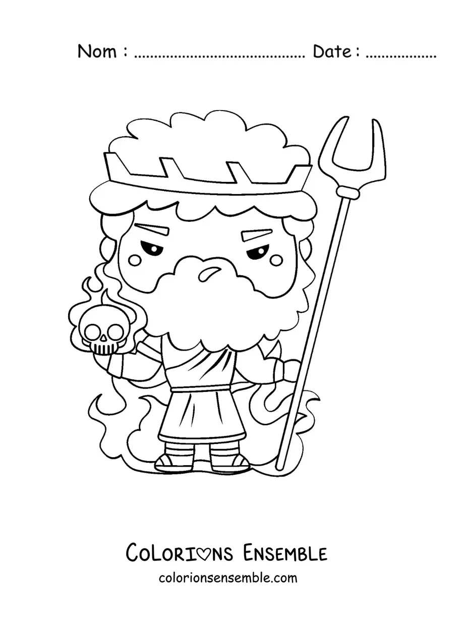 Image à colorier d’Hadès, le dieu des Enfers, en version kawaii dessin animé