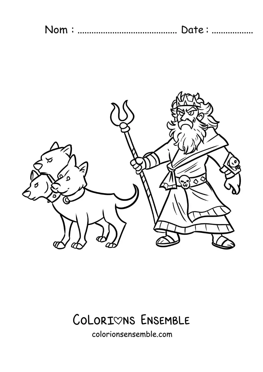 Image à colorier du dieu Hadès en version dessin animé, avec son chien Cerbère