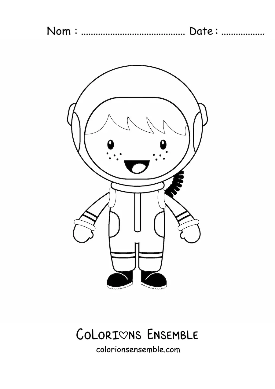 Image à colorier d’un petit garçon astronaute souriant en dessin animé