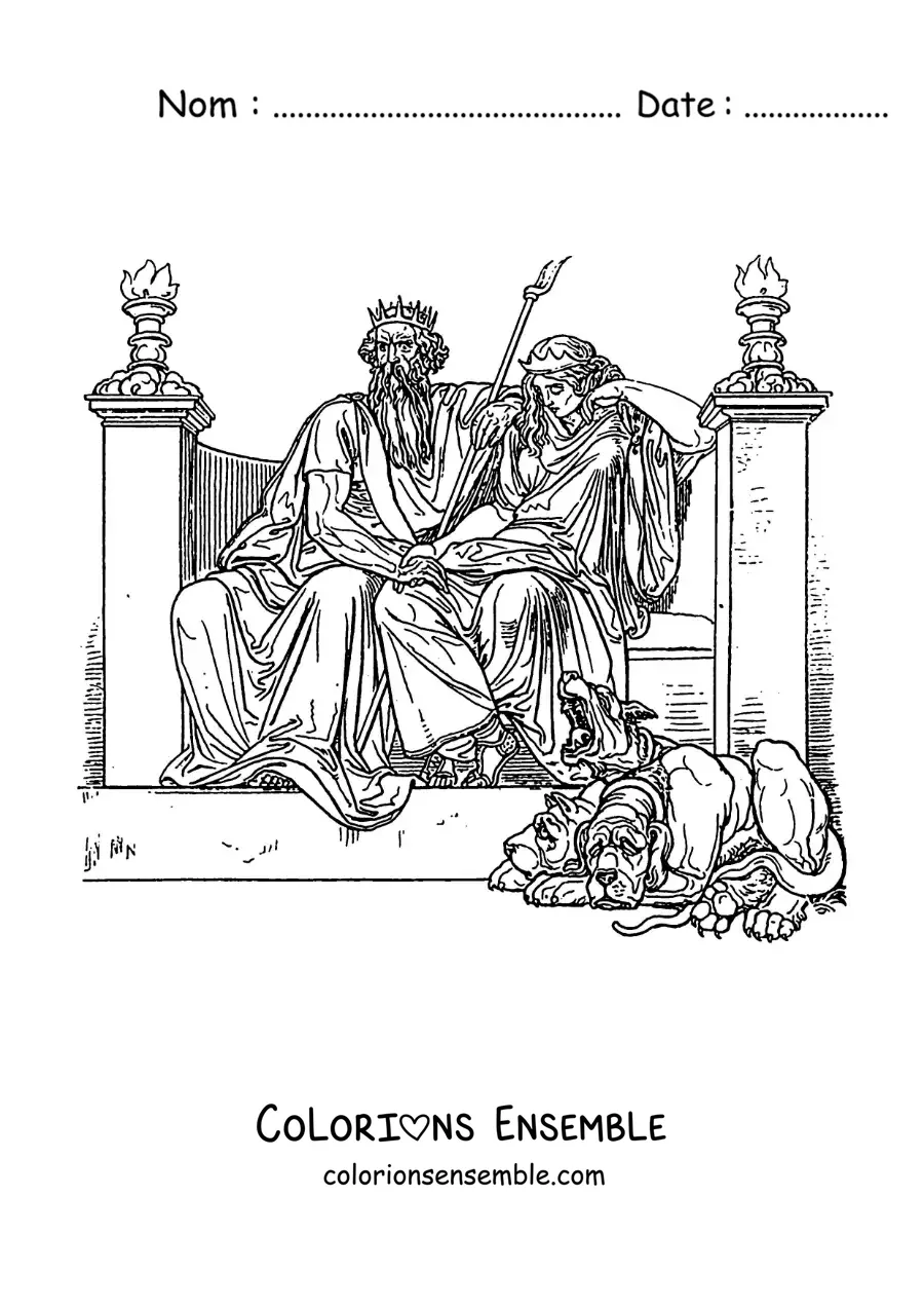 Image à colorier d’Hadès et de Perséphone aux Enfers, avec Cerbère