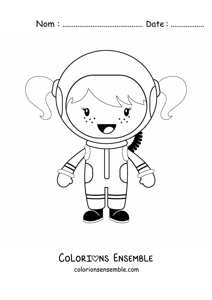 Image à colorier d’une petite fille astronaute souriante en dessin animé