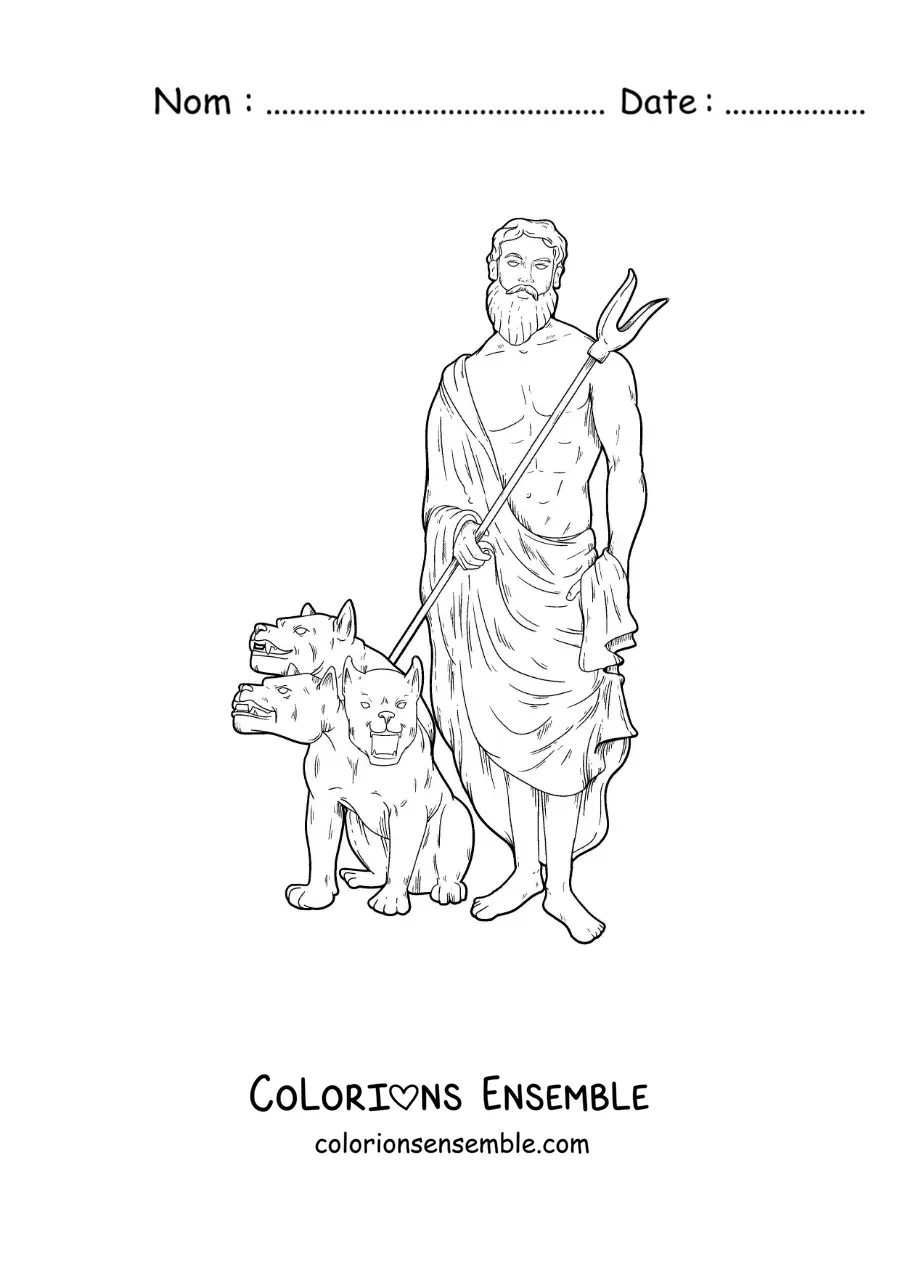 Image à colorier d’Hadès réaliste avec son chien à trois têtes Cerbère