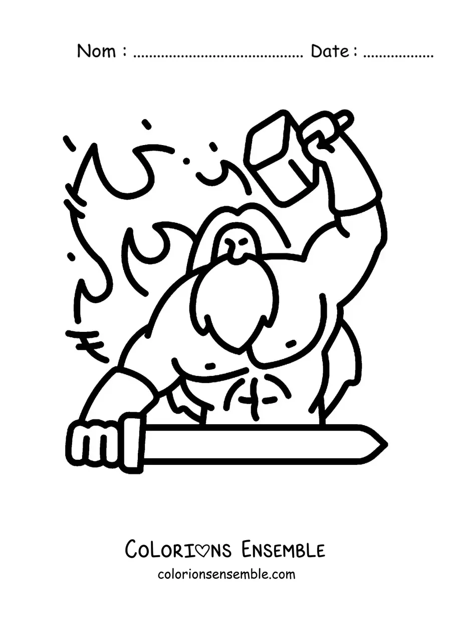 Image à colorier d’Héphaïstos en version dessin animé, en train de forger une épée dans sa forge